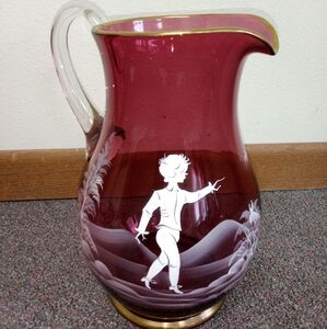 Vintage Mary Gregory cranberry glass picture with gold trim- boy & Bird design